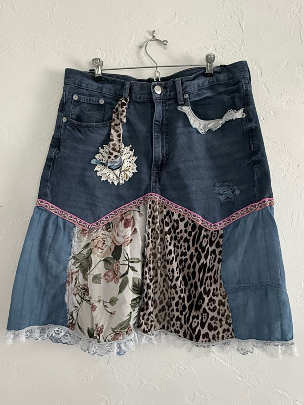Handmade Upcycled Mixed Media Denim Boho Skirt Large - Picture 2 of 11